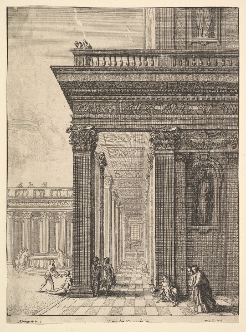 Templomudvar figurákkal, idősebb David Teniers nyomán, 1625-77. alkotó: Wenceslaus Hollar