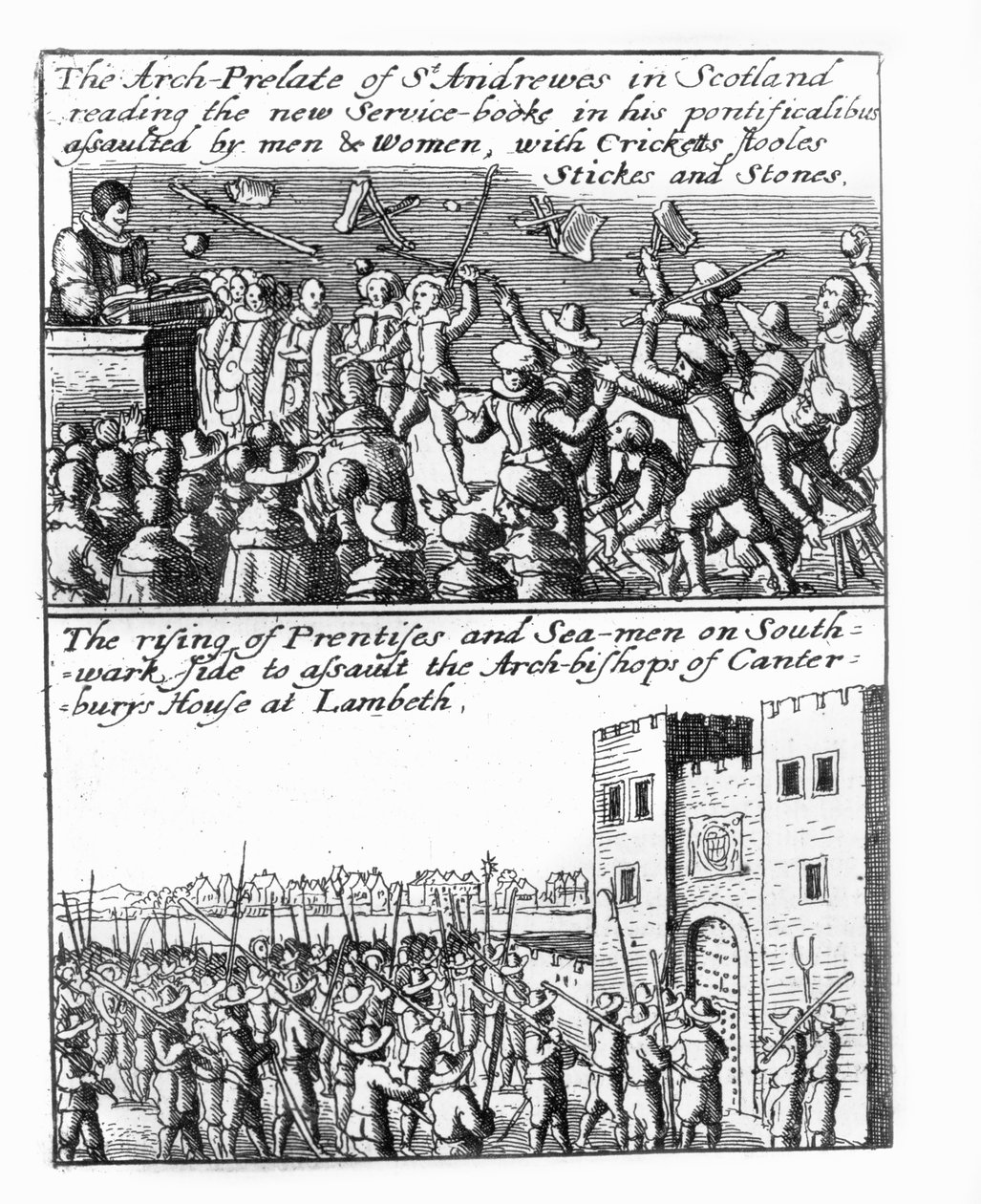 Szent András főprelátusa prédikál Skóciában; tanoncok és tengerészek felemelkedése a Lambeth-palotában alkotó: Wenceslaus Hollar