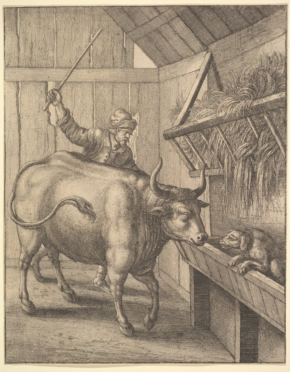 A kutya a jászolban az illusztrációtól: John Ogilbys Æsopics: Or A Second Collection..., 1666. alkotó: Wenceslaus Hollar