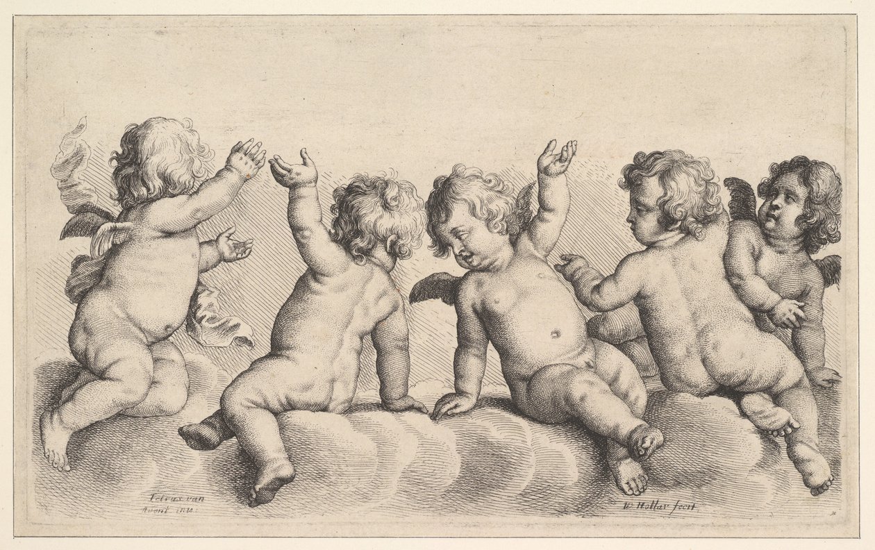 Három kerub és két fiú a felhőkön, 1620-77. alkotó: Wenceslaus Hollar