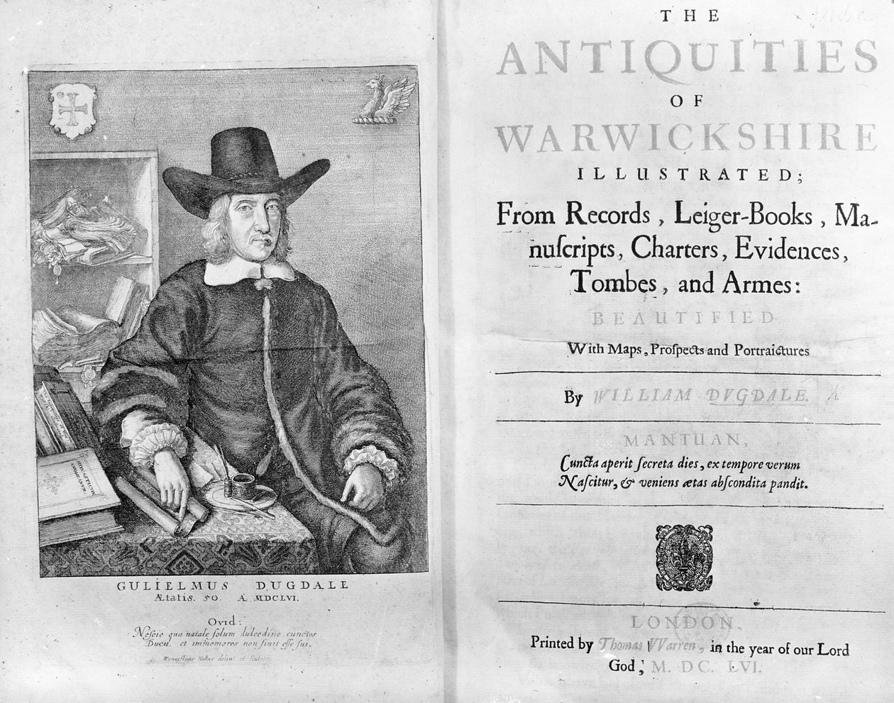 Címlap és előlap a "The Antiquities of Warwickshire"-hez, William Dugdale, 1656 alkotó: Wenceslaus Hollar