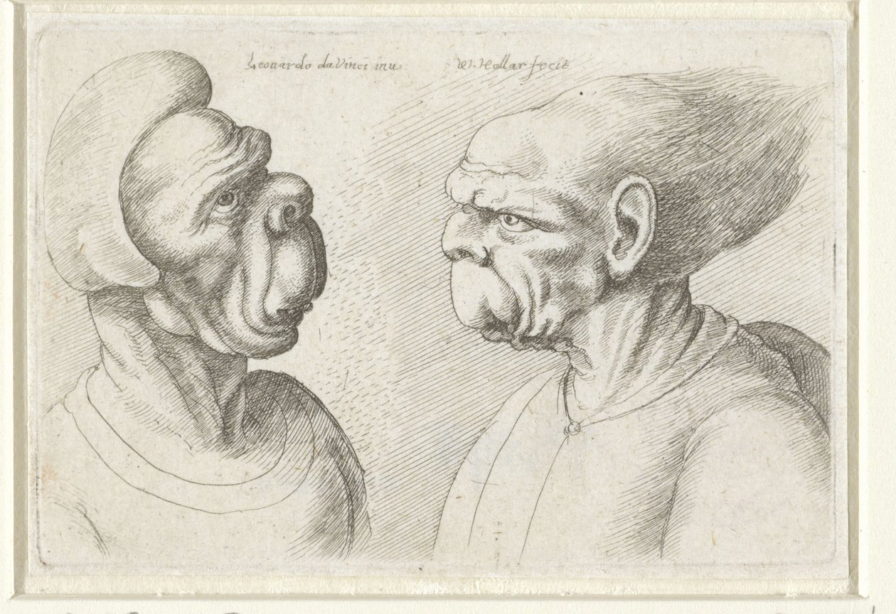 Két deformált fej Varie figurae et probae (sorozat címe) Karikatúrák, fejek és deformitások Leonardo da Vinci után (sorozat címe) alkotó: Wenceslaus Hollar