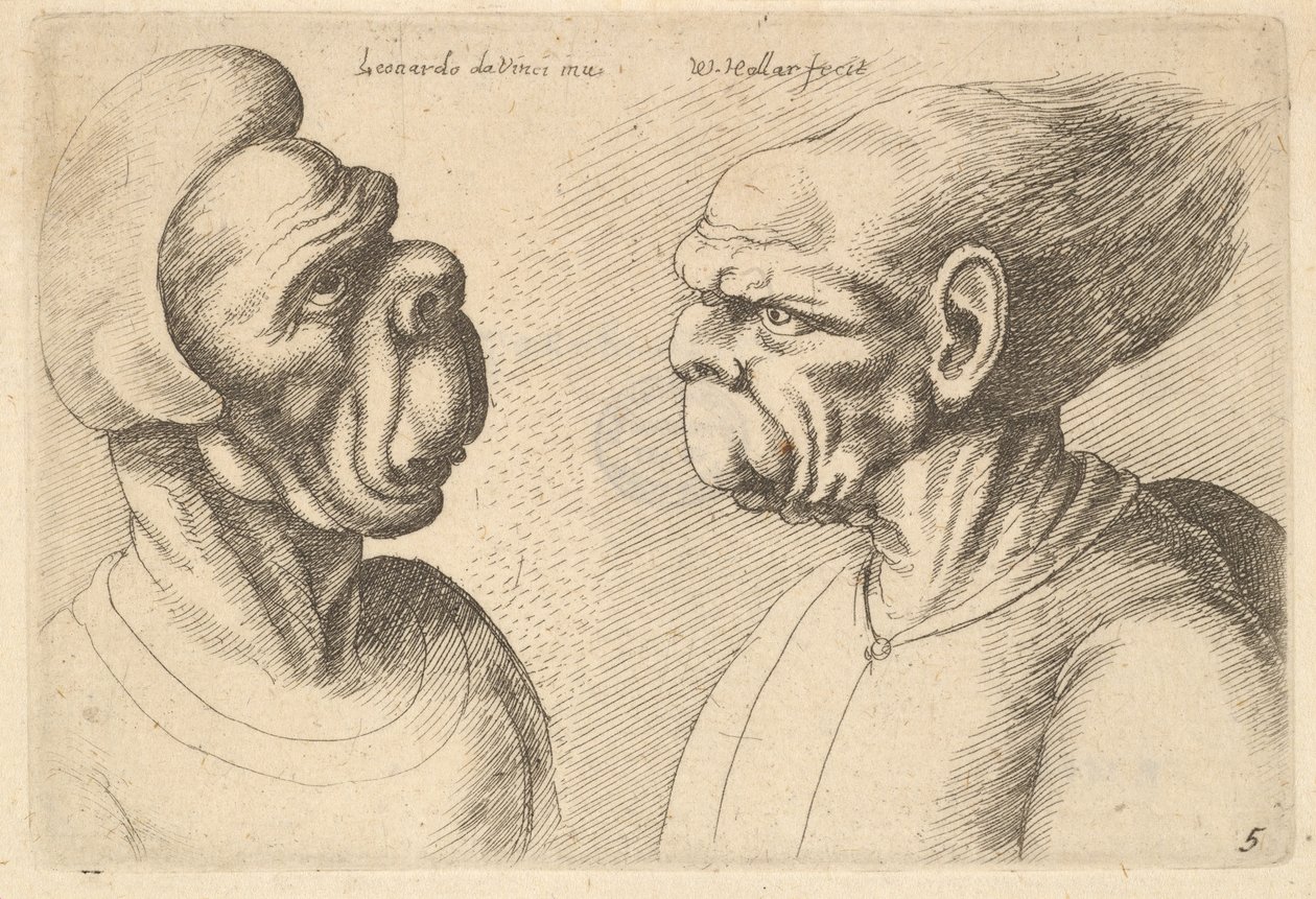 Két deformált fej befelé néz, 1625-77. alkotó: Wenceslaus Hollar