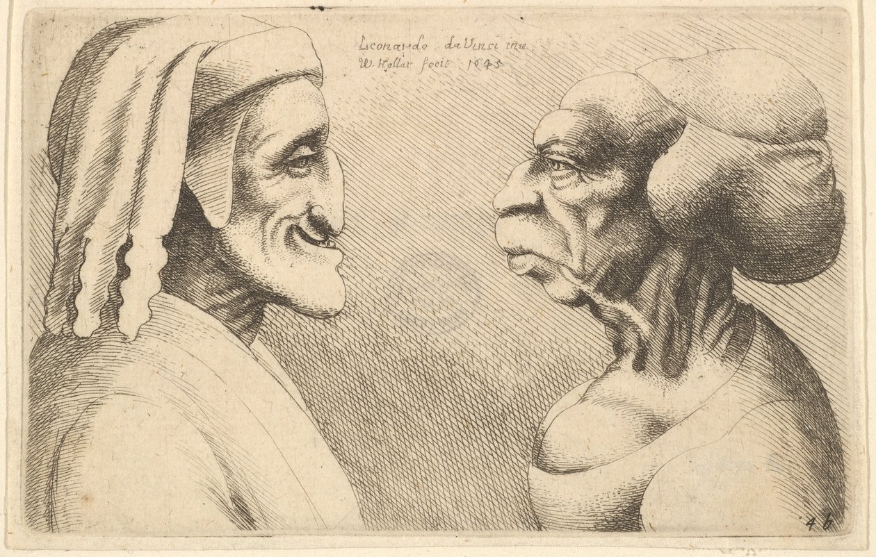 Két deformált fej A bal oldali ábra valószínűleg Dante 1645-ös karikatúrája. alkotó: Wenceslaus Hollar