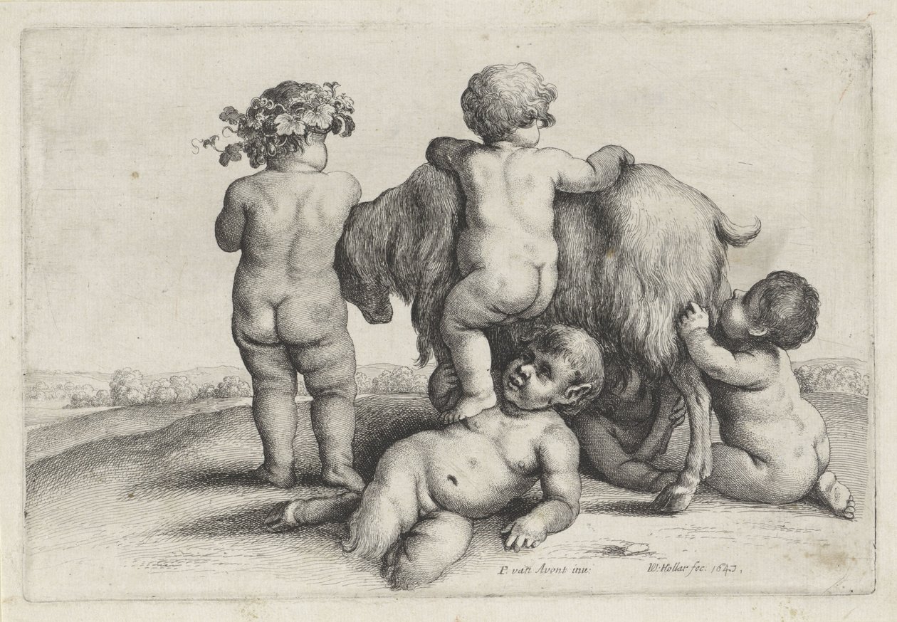Négy fiú, egy szatír és egy kecske Putti és szatírok (sorozat címe) alkotó: Wenceslaus Hollar