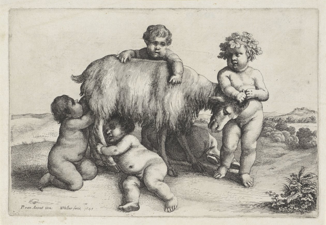 Négy fiú, egy szatír és egy kecske áll a jobb oldalon Putti és szatírok (sorozat címe) alkotó: Wenceslaus Hollar