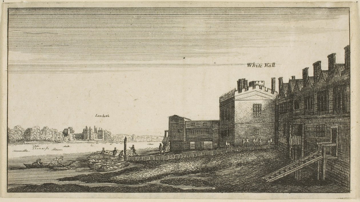 Kilátás a Lambeth-palotára a folyóról a Whitehall lépcsőn alkotó: Wenceslaus Hollar