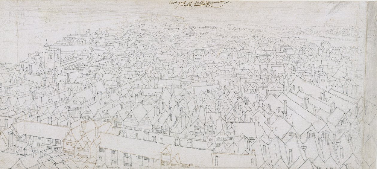 Kilátás Southwark keleti részére Greenwich felé nézve (toll, fekete és barna tinta és ceruza fektetett papíron) alkotó: Wenceslaus Hollar