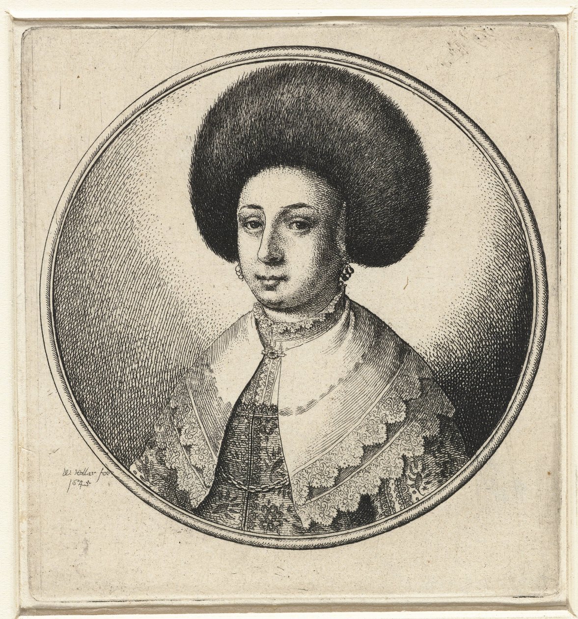 Nő csipkegallérral, fülbevalóval és prémes sapkával Női mellszobrok kerek keretben (sorozat címe) alkotó: Wenceslaus Hollar