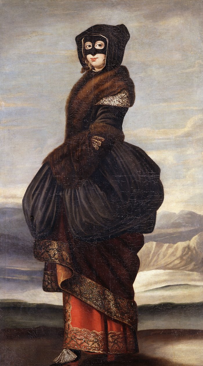 Tél: egy hölgy, egész alakos, egzotikus jelmezben, maszkot visel, tájban alkotó: Wenceslaus Hollar