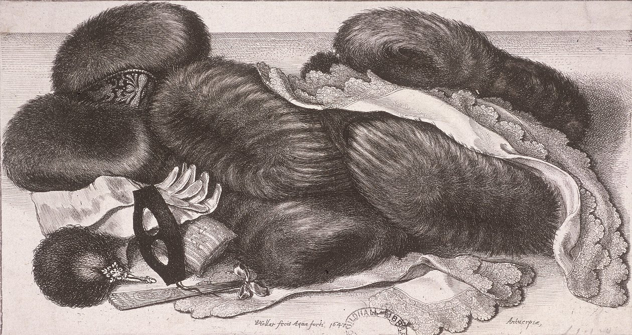 Téli ruhák nőknek, beleértve a muffokat, kesztyűket és zsebkendőket, 1647 alkotó: Wenceslaus Hollar