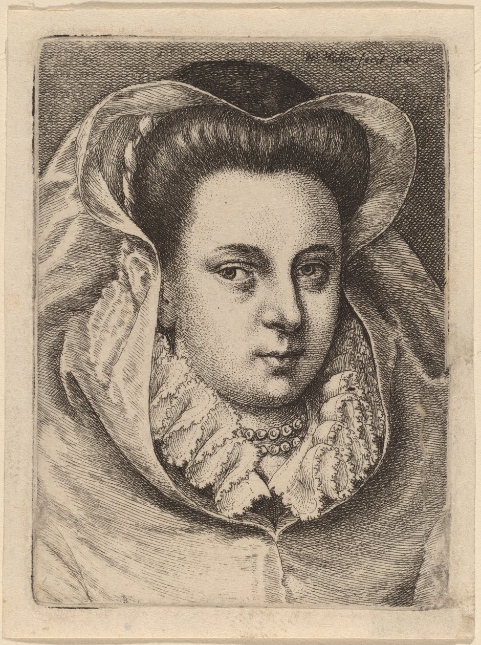 Nő fehér fátyollal és fekete kalappal (Mary Stuart?) alkotó: Wenceslaus Hollar