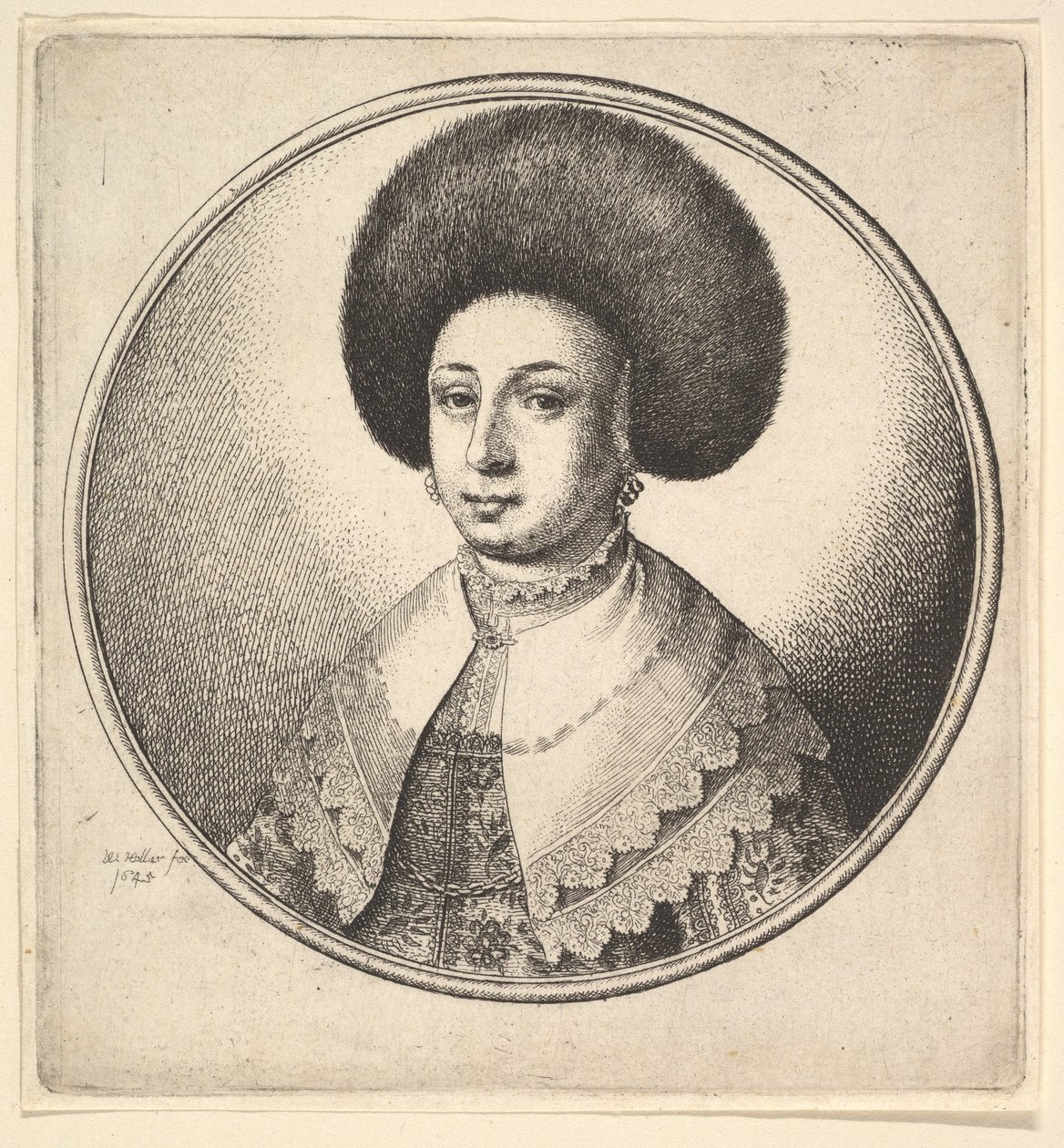Nő nagy kör alakú prémes sapkával és fülbevalóval, 1645. alkotó: Wenceslaus Hollar