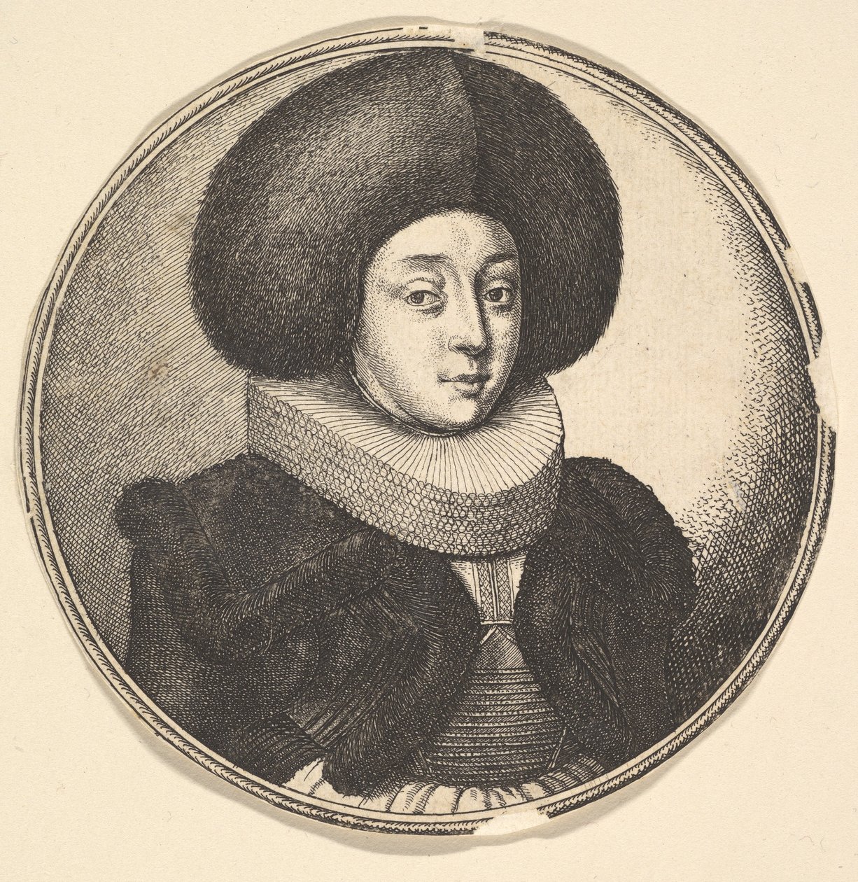 Nő nagy, kör alakú prémes sapkával és csipkebordával, 1645. alkotó: Wenceslaus Hollar