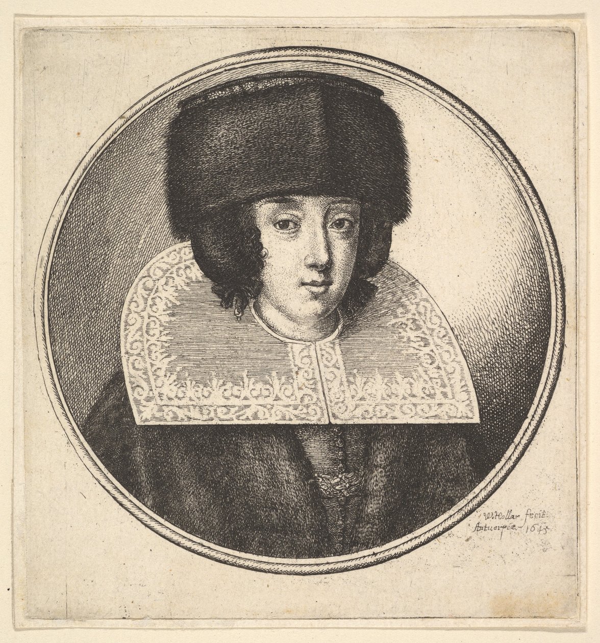 Nő merev csipkegallérral és lapos koronás szőrmekalappal, 1645. alkotó: Wenceslaus Hollar