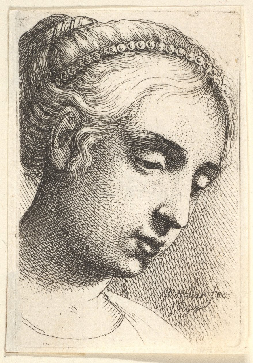 Nő gyöngysorral a hajában, és lefelé néz, jobbra, 1645. alkotó: Wenceslaus Hollar