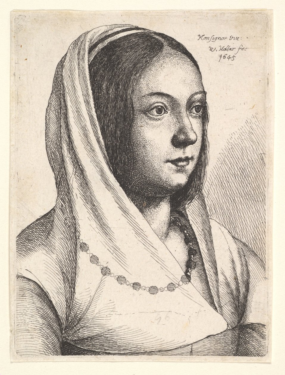 Fiatal nő sállal a fején, Bonsignori után, 1645. alkotó: Wenceslaus Hollar