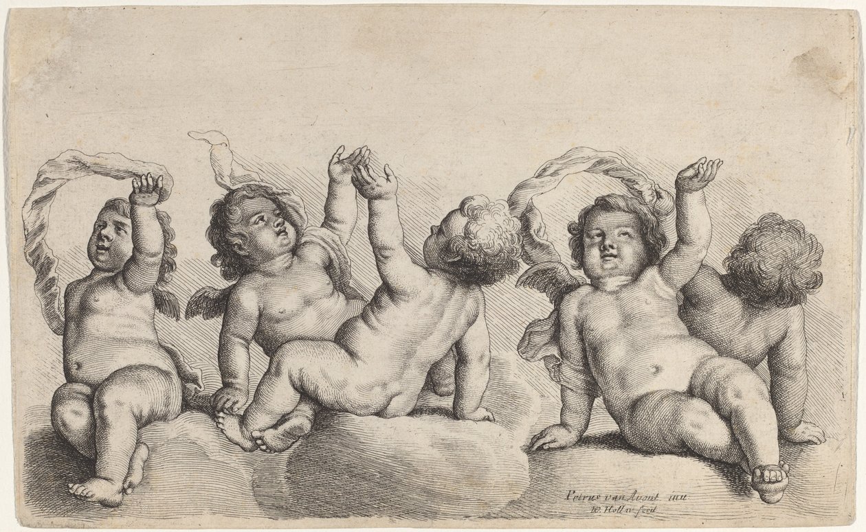 Három kerub és két fiú, akik egy karját emelik a felhőkön alkotó: Wenceslaus Hollar, after Peeter van Avont