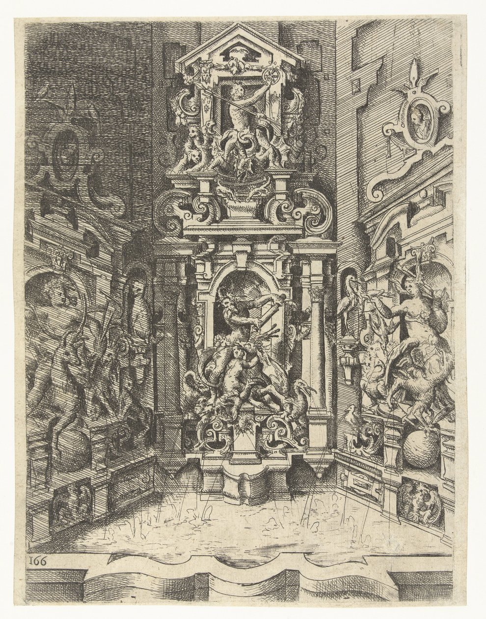 Grote fontein, ingebouwd tussen drie muren Fonteinen, waterputten, schoorsteenmantels, kapitelen, vensters en retabels (series title)   1365589   hu       hungarian Successfully Translated  Original: Vaas met bloemen in een interieur Translat: Vaas met blo alkotó: Wendel Dietterlin (I)