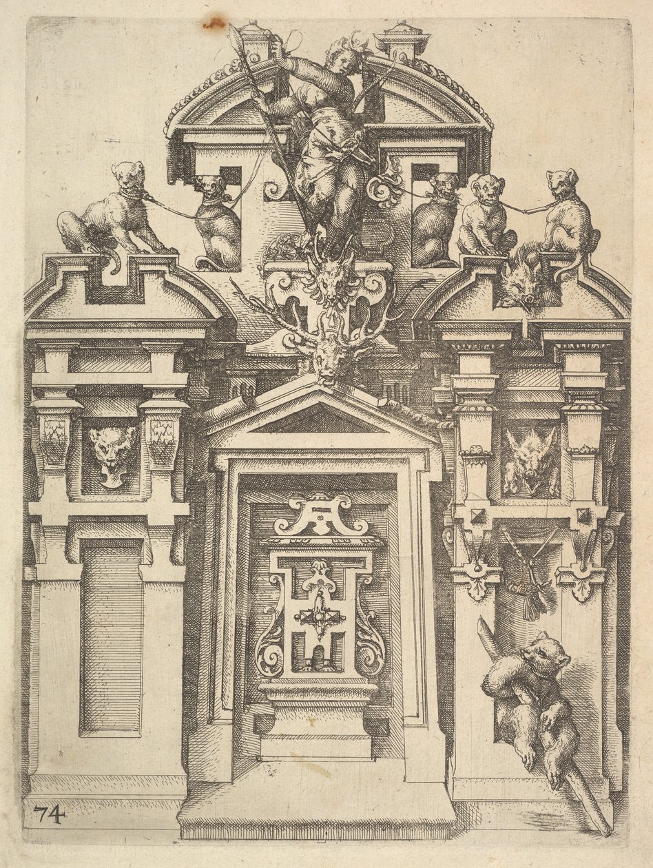 Tervezés egy vadászati témájú építészeti szerkezethez, Dietterlin Ar... 74. táblája, 1598. alkotó: Wendel Dietterlin the Elder