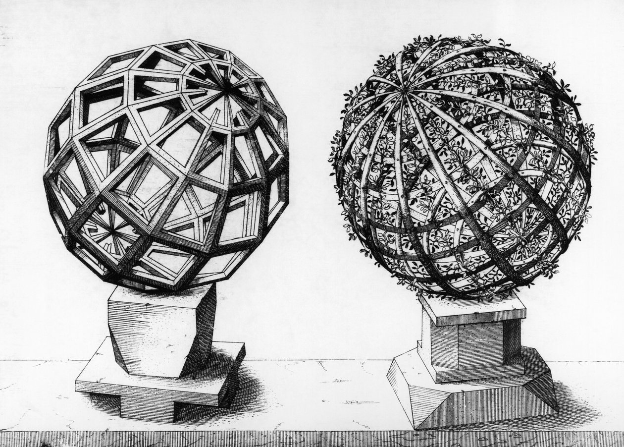 Perspektivikus illusztráció, két gömb, metszet a Perspectiva Corporum Regulariumból, Wentzel Jamnitzer (1508-1585), Nürnberg alkotó: Wenzel I Jamnitzer