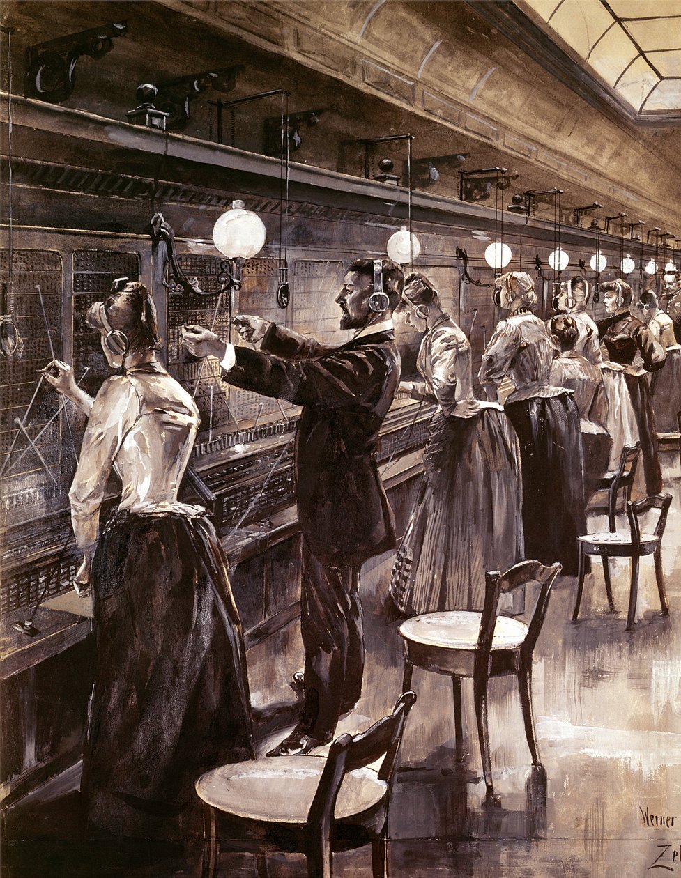 A berlini központi telefonközpont, 1890 körül alkotó: Werner Zehme