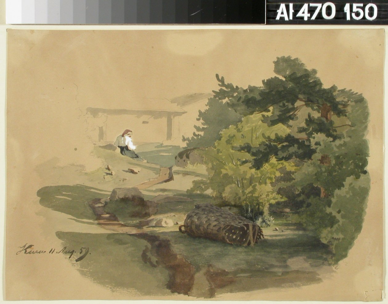 Landschaft mit Schindelkorb und sitzender Frau alkotó: Werner Holmberg