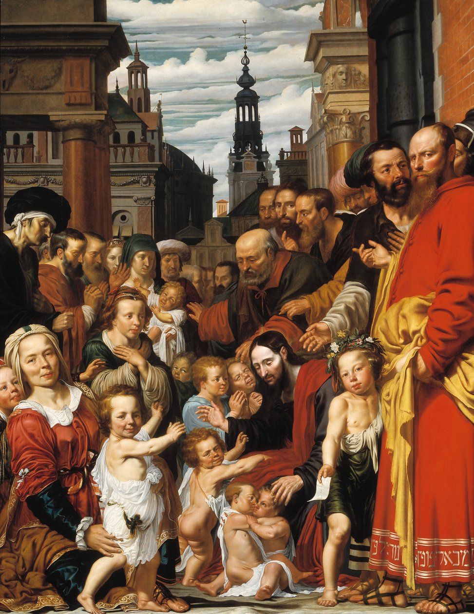 ""Jöjjenek hozzám a kisgyermekek"" Jézus üdvözli a gyerekeket - Werner Jacobsz van den Valckert festménye (1585 körül-1635 körül) 1620 Múzeum Catharijneconvent, Utrecht Németország alkotó: Werner Jacobsz van den Valckert