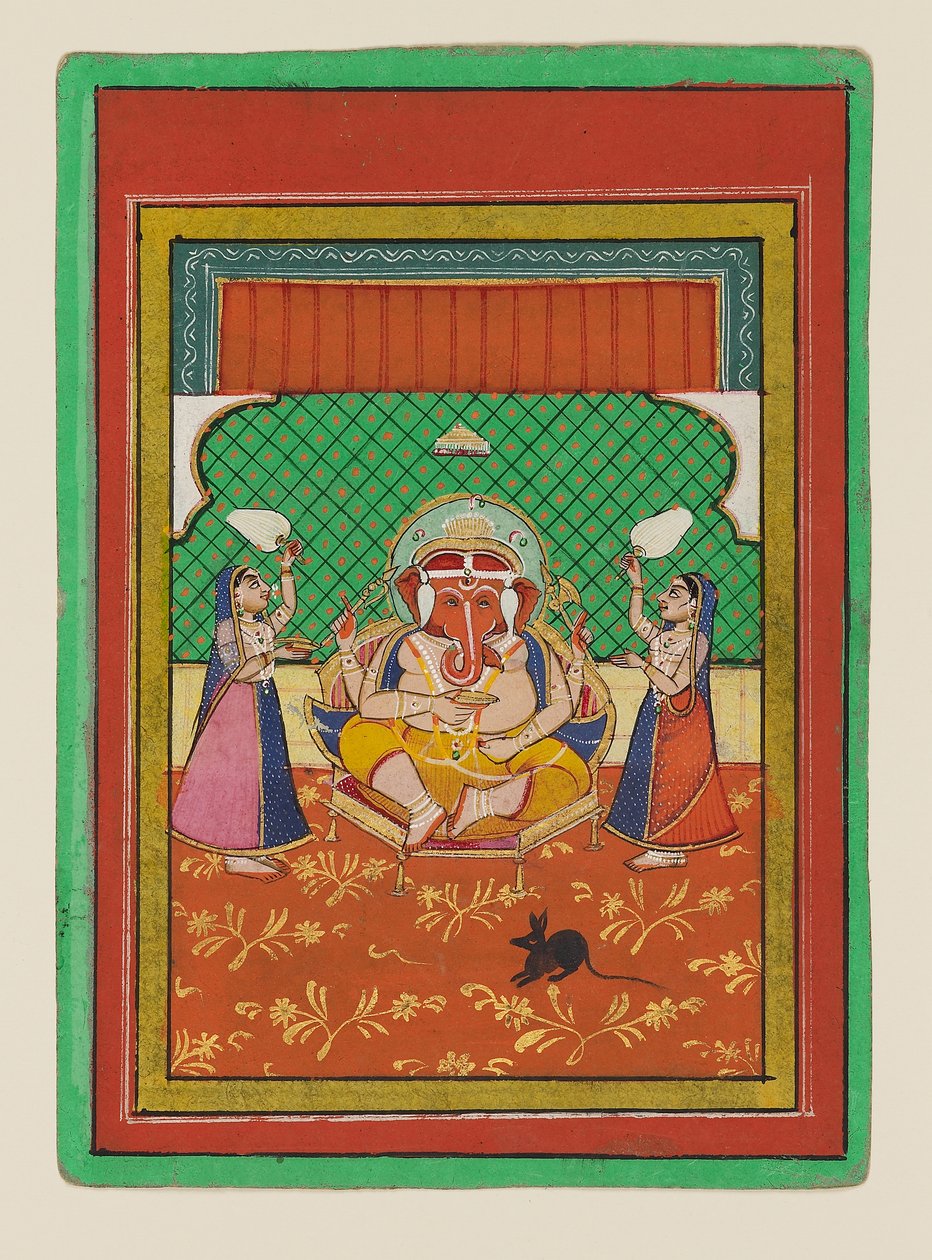 Ülő Ganesha kísérőkkel, 19. század vége – 20. század eleje (guache papíron) alkotó: West Indian School