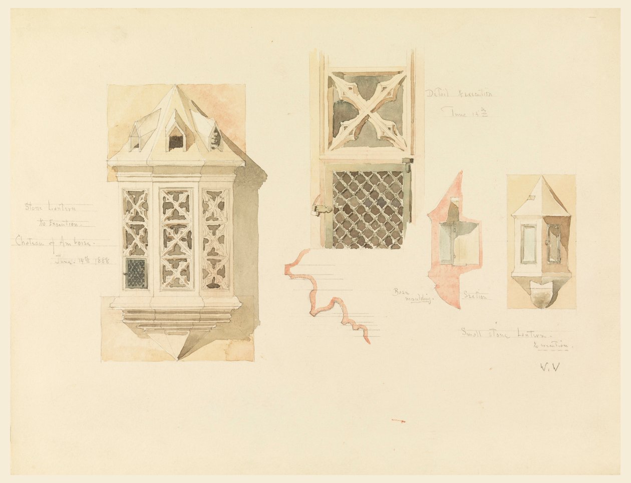 Rajz, két kőlámpás renderelése, az amboise-i kastélyból, Franciaország, 1888. június 14-15. alkotó: Whitney Warren Jr.
