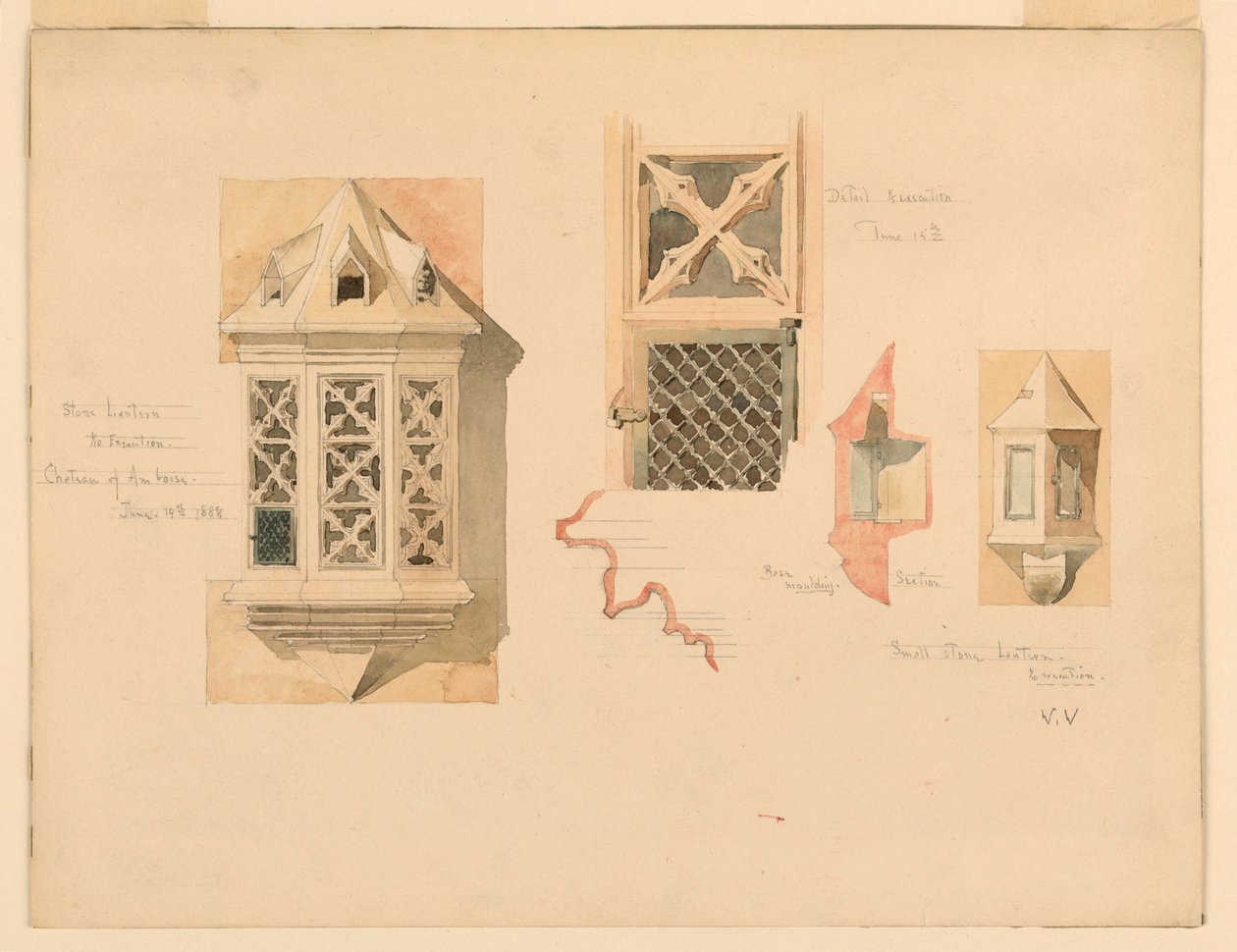 Rajz, két kőlámpás renderelése, az amboise-i kastélyból, Franciaország, 1888. június 14-15. alkotó: Whitney Warren Jr.