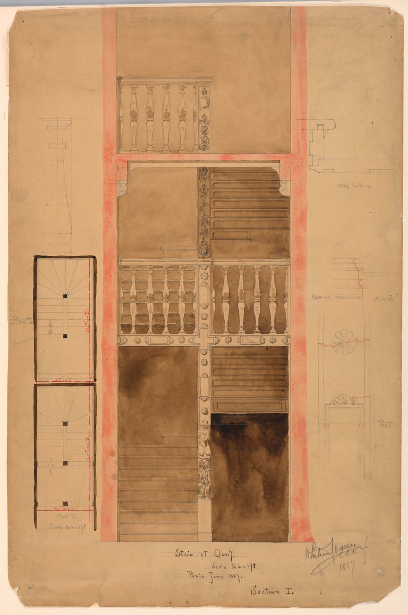 Rajz, Cluny lépcsője, Párizs, 1887 alkotó: Whitney Warren Jr.