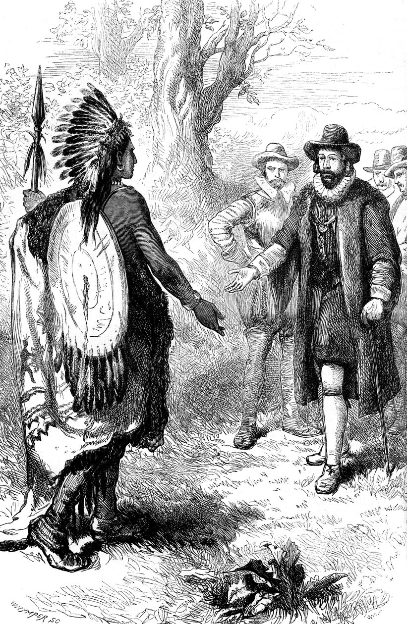 Egy narragansetti harcos fogadása, John Winthrop, Massachusetts, 1630-as évek, 1880 alkotó: Whymper