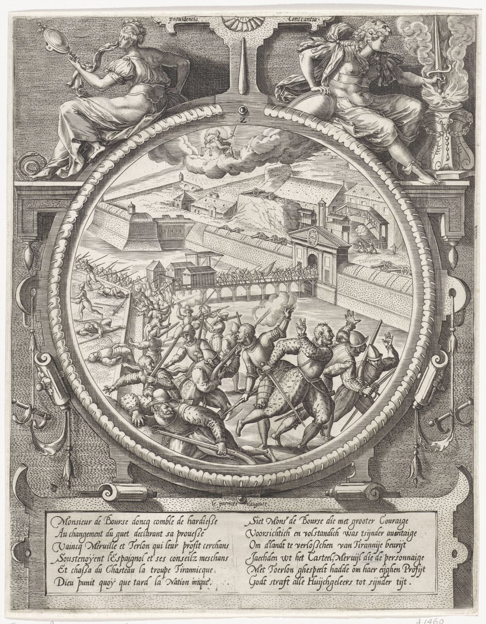 A Bourse csapatai kiűzték Treslong és Merville német katonáit a fellegvárból, 1577 Érmek Antwerpen fellegvárának elfoglalásával 1577-ben (sorozat címe) alkotó: Wierix