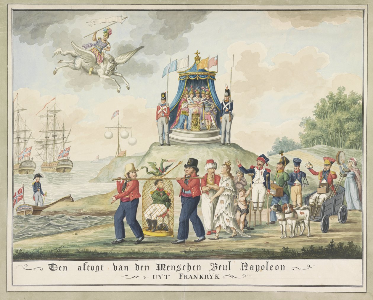 Napóleon száműzetése Elbára, 1814 Den aftogt van den Menschen hóhér, Napóleon Franciaországból (cím a tárgyon) alkotó: Wijnand Esser (attributed to)