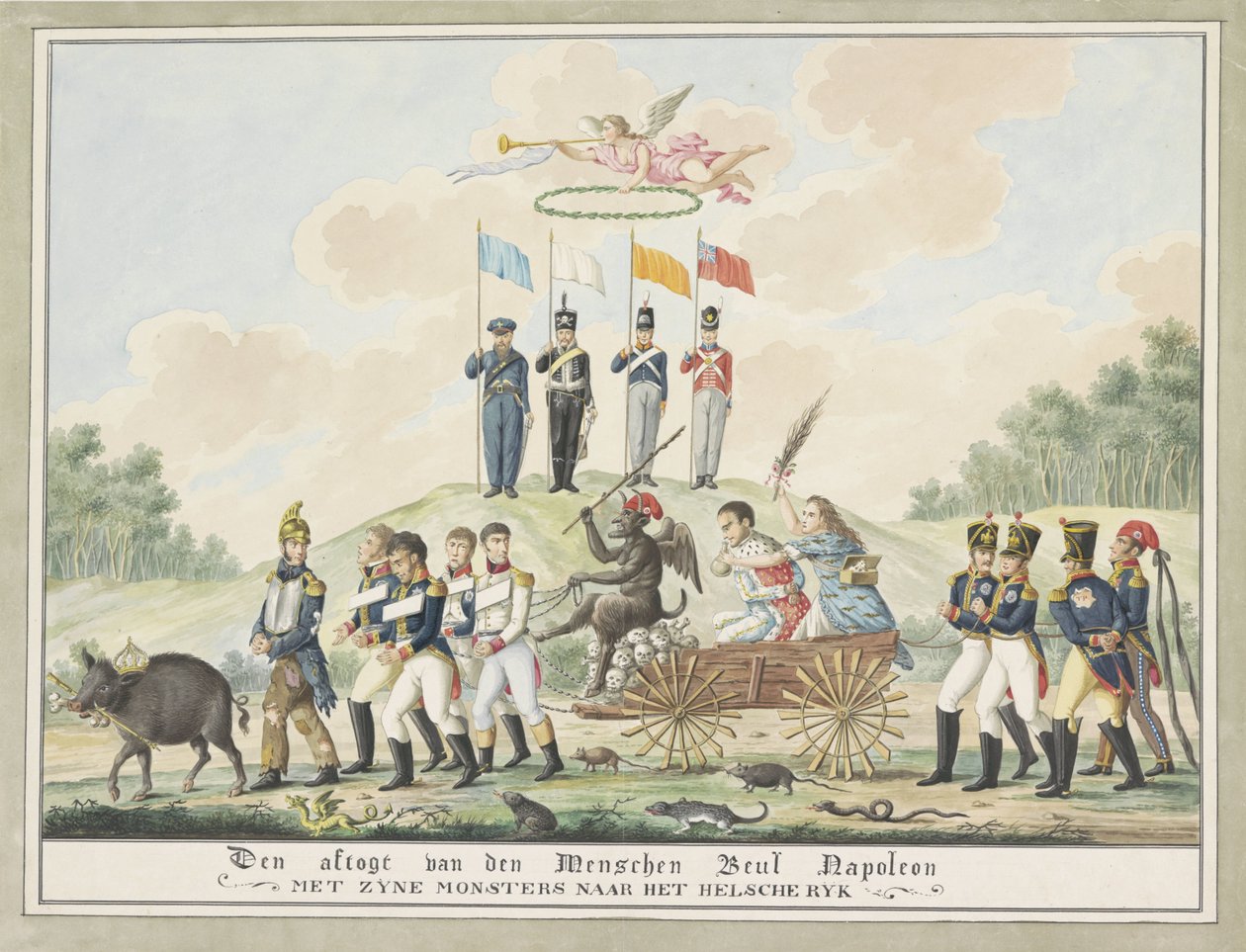 Rajzfilm Napóleon elbai száműzetéséről, 1814 Menschen hóhér, Napóleon visszavonulása szörnyeivel a pokolbirodalomba (cím a tárgyon) alkotó: Wijnand Esser (attributed to)