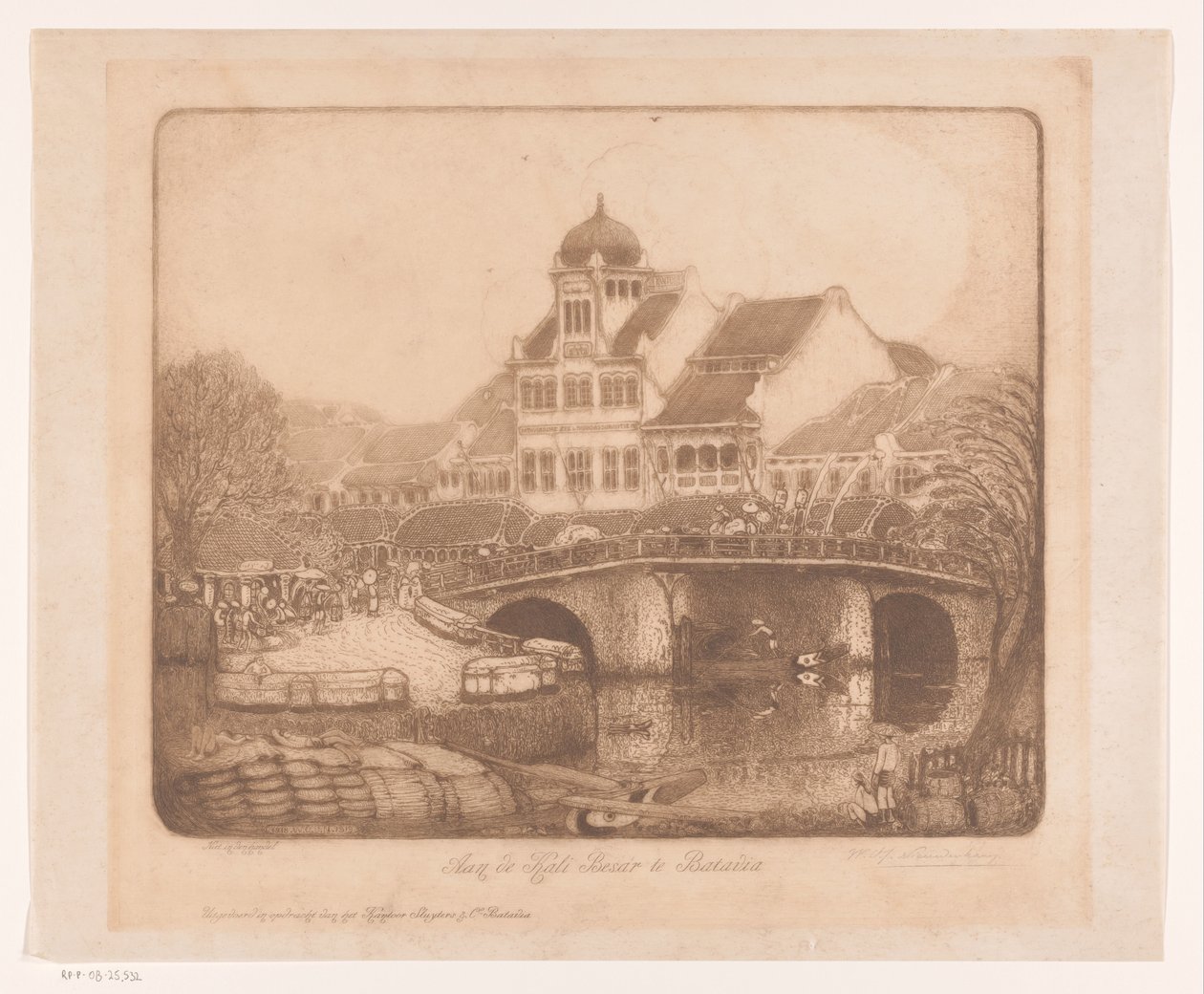 Aan de Kali Besar te Batavia (eredeti cím a tárgyon) alkotó: Wijnand Otto Jan Nieuwenkamp (signed by artist)