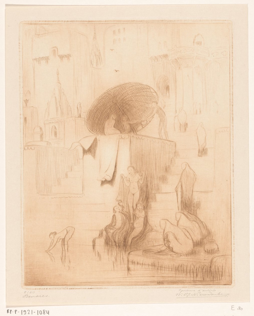 Nők fürdőzése és mosása a Gangesz partján Benáresben Benares (eredeti cím) alkotó: Wijnand Otto Jan Nieuwenkamp (signed by artist)