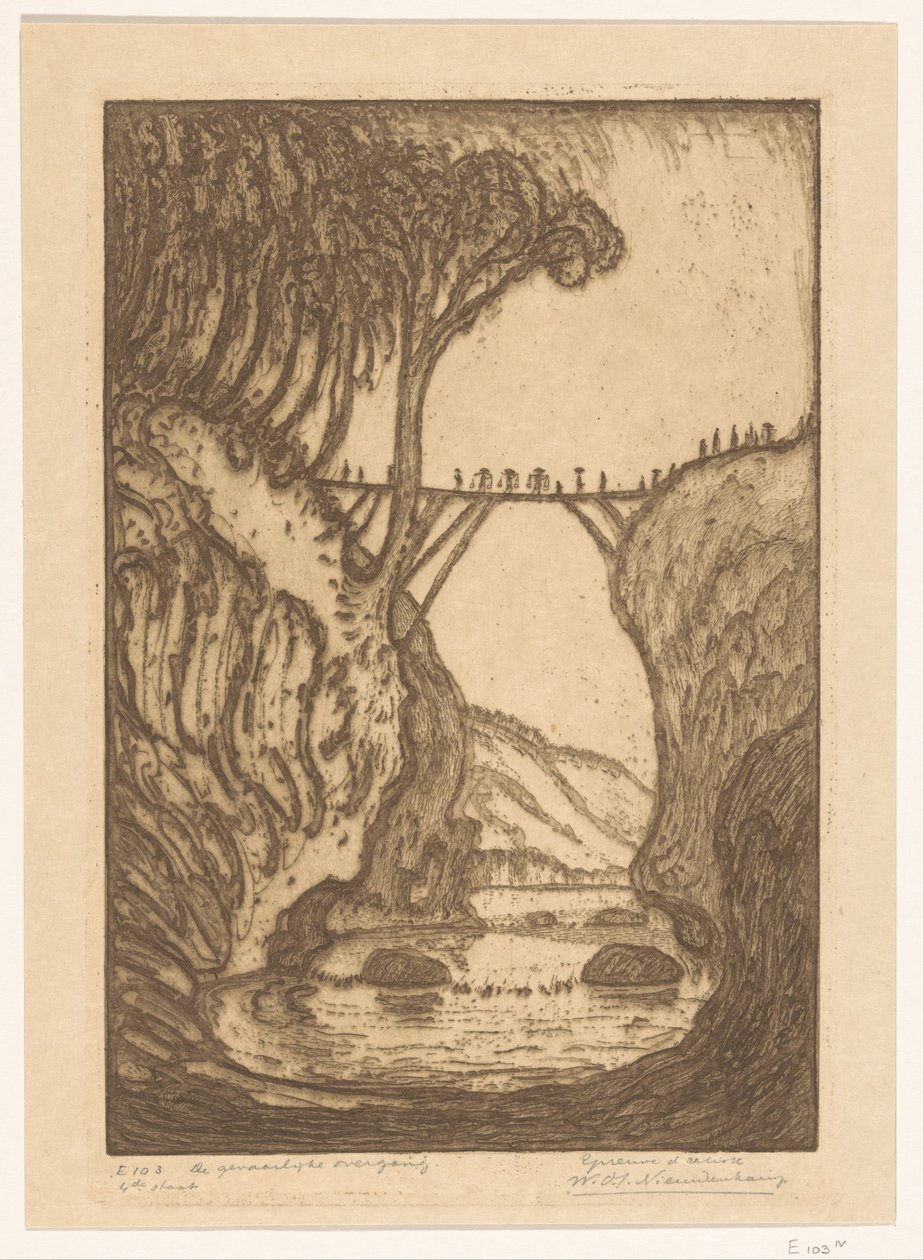Fából készült híd egy folyami szurdok felett Balin A veszélyes átmenet (eredeti cím) alkotó: Wijnand Otto Jan Nieuwenkamp (signed by artist)