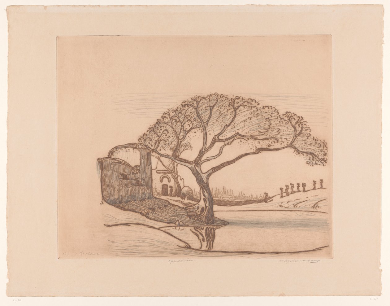 Házak, fák a tó mellett és nők vizeskancsóval a fejükön Kairó közelében (eredeti cím) alkotó: Wijnand Otto Jan Nieuwenkamp (signed by artist)