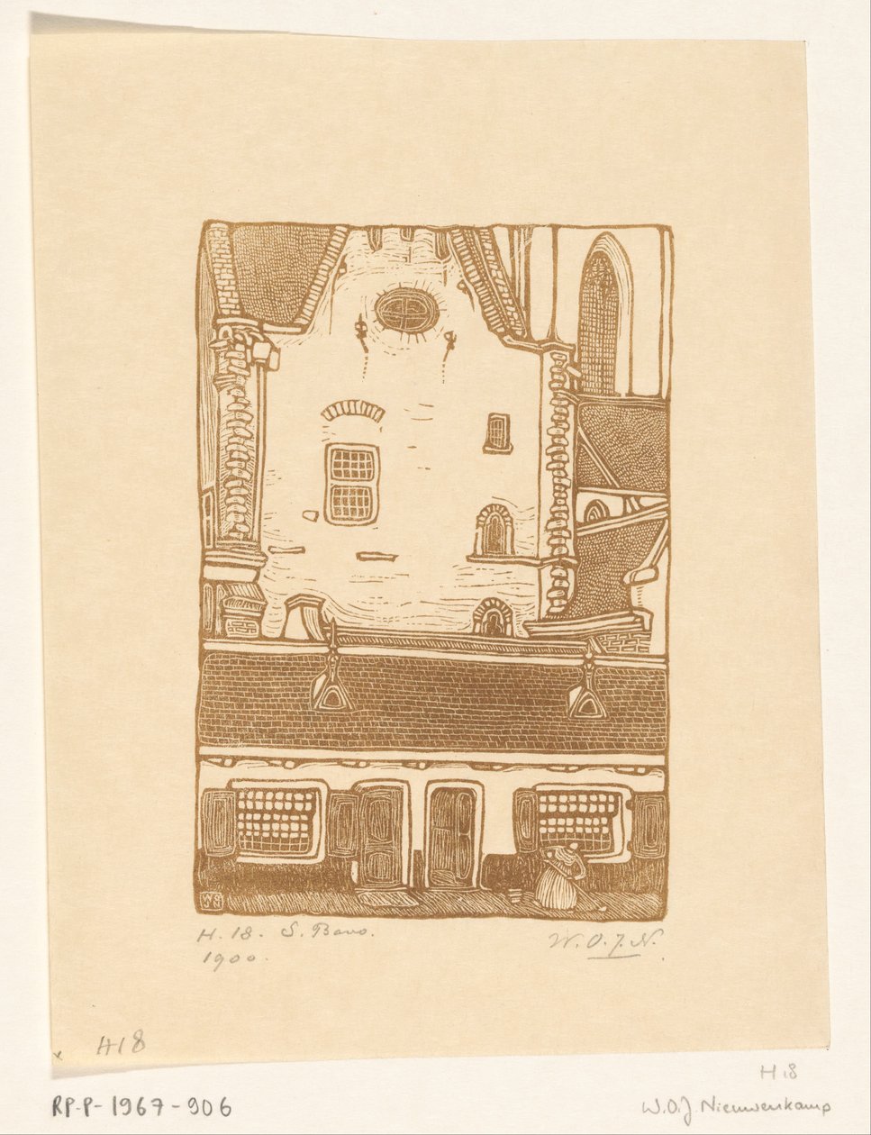 Házak a Sint-Bavokerk ellen az Oude Groenmarkton Haarlemben St. Bavo, Haarlem (eredeti cím) alkotó: Wijnand Otto Jan Nieuwenkamp (signed by artist)