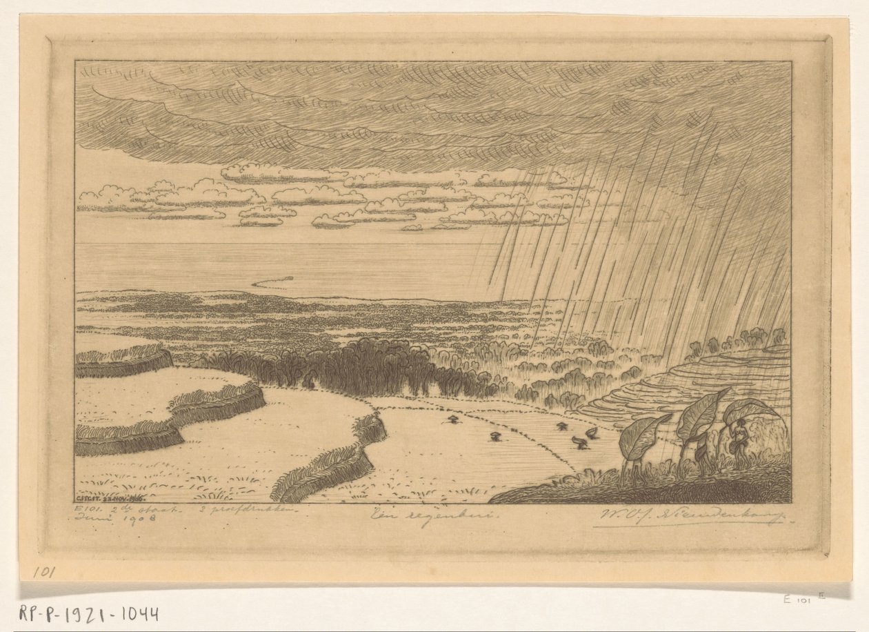 Eső zápor a rizsföldek felett a bali Gitgitben A Rainstorm (eredeti cím) alkotó: Wijnand Otto Jan Nieuwenkamp (signed by artist)
