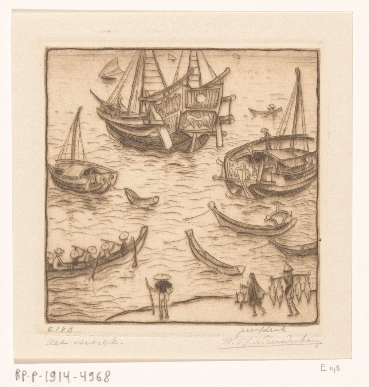 Hajók egy öbölben Lombok keleti partján Az indulás, Lombok (eredeti cím) alkotó: Wijnand Otto Jan Nieuwenkamp (signed by artist)
