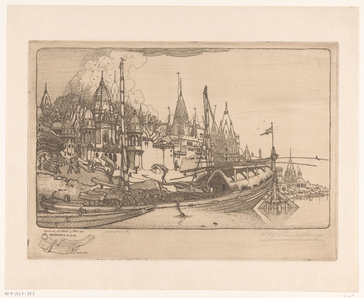 Hajó tűzifával a Gangesz partján Benaresben Hajó tűzifával, Benares (eredeti cím) alkotó: Wijnand Otto Jan Nieuwenkamp (signed by artist)