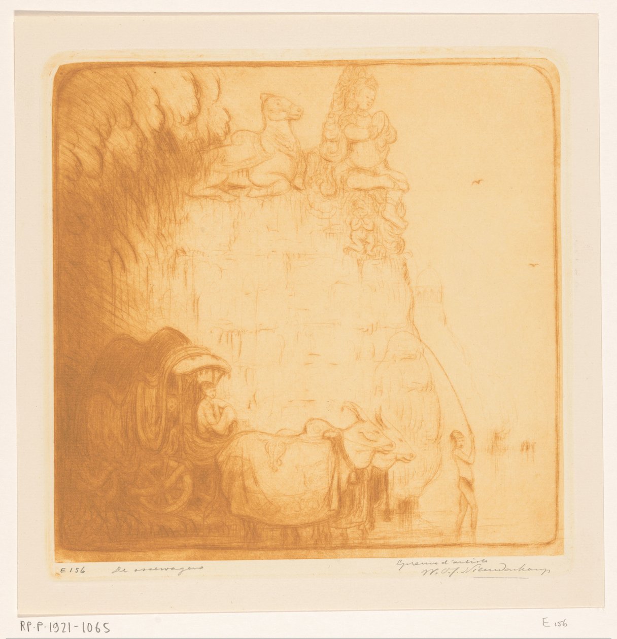 Két ökör húzza a szekeret a folyón The Oxcart (eredeti cím) alkotó: Wijnand Otto Jan Nieuwenkamp (signed by artist)