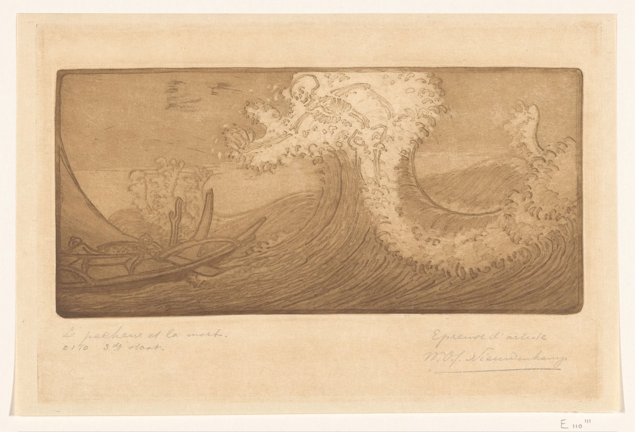 Halászok a tengeren és a halálon Az utazó és a halál (eredeti cím) Le Pecheur et la Mort (cím a tárgyon) alkotó: Wijnand Otto Jan Nieuwenkamp (signed by artist)