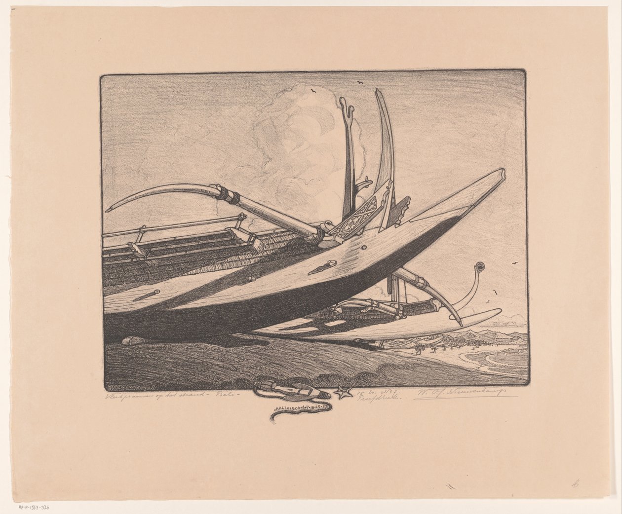 Szárnyas kenu a tengerparton - Bali (eredeti cím a tárgyon) alkotó: Wijnand Otto Jan Nieuwenkamp (signed by artist)