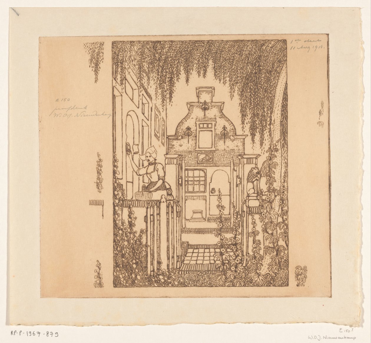 Nő népviseletben kopogtat egy bejárati ajtón Edamban A bejárati ajtónál (eredeti cím) alkotó: Wijnand Otto Jan Nieuwenkamp (signed by artist)