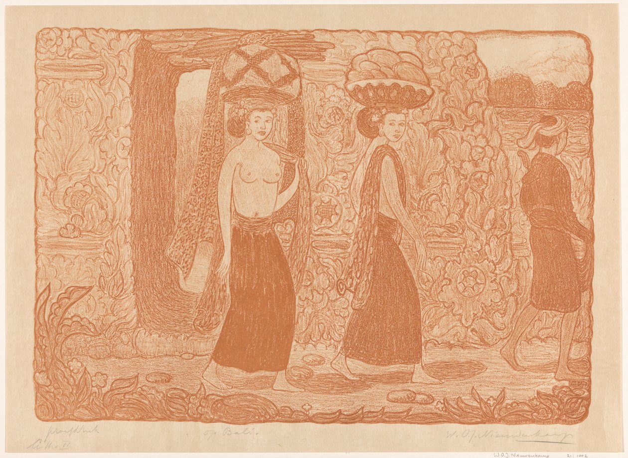 A nők tárgyakat cipelnek a fejükön egy bali templomban Egy templomban, Bali (eredeti cím) Balin (cím az objektumon) alkotó: Wijnand Otto Jan Nieuwenkamp (signed by artist)