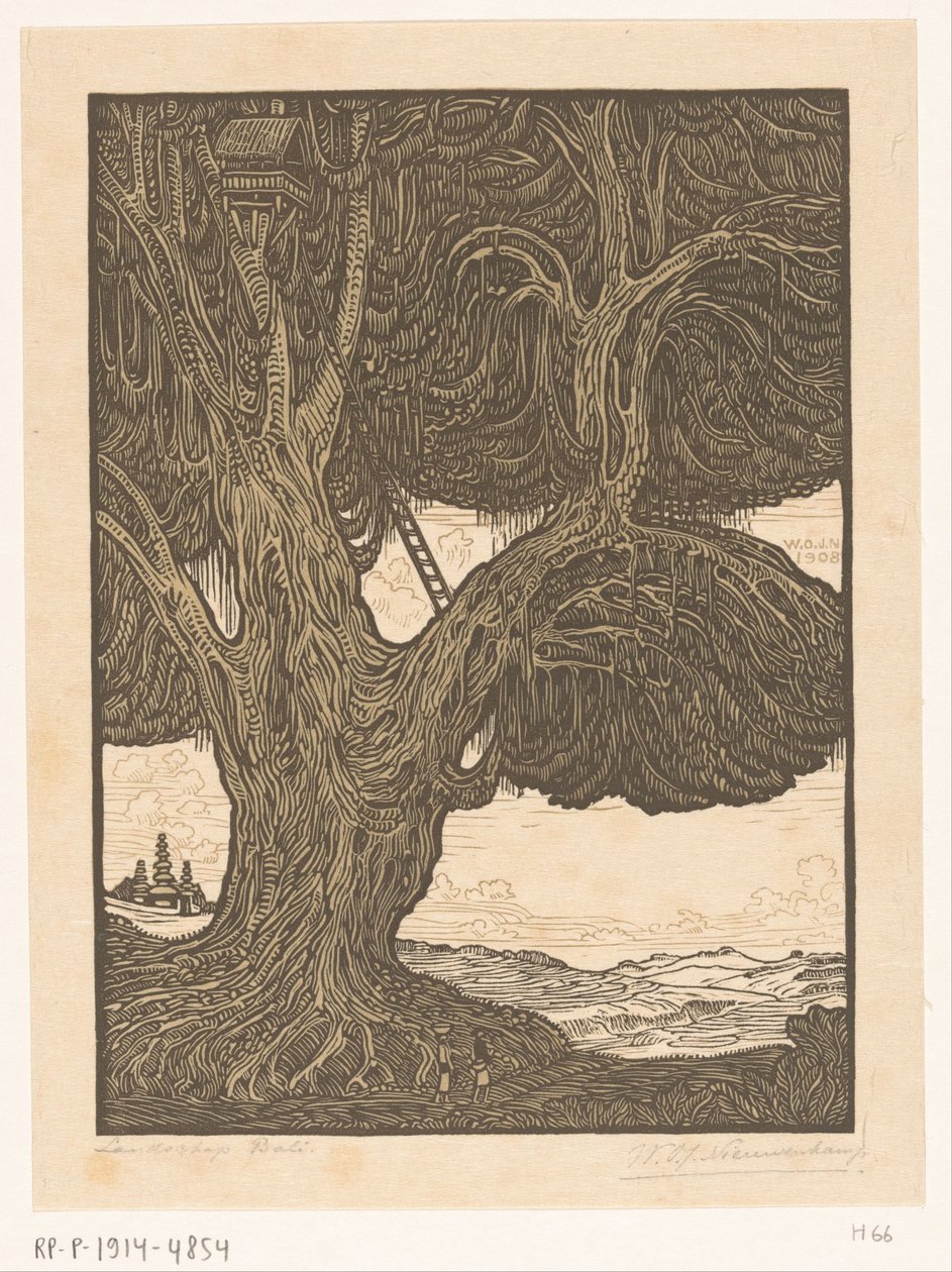 Waringin faházzal Bali déli részén Az őrház, Dél-Bali (eredeti cím) Bali tájkép (cím a tárgyon) alkotó: Wijnand Otto Jan Nieuwenkamp (signed by artist)